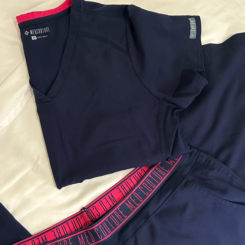 Med Couture Navy Top & Bottoms with Pink Trim